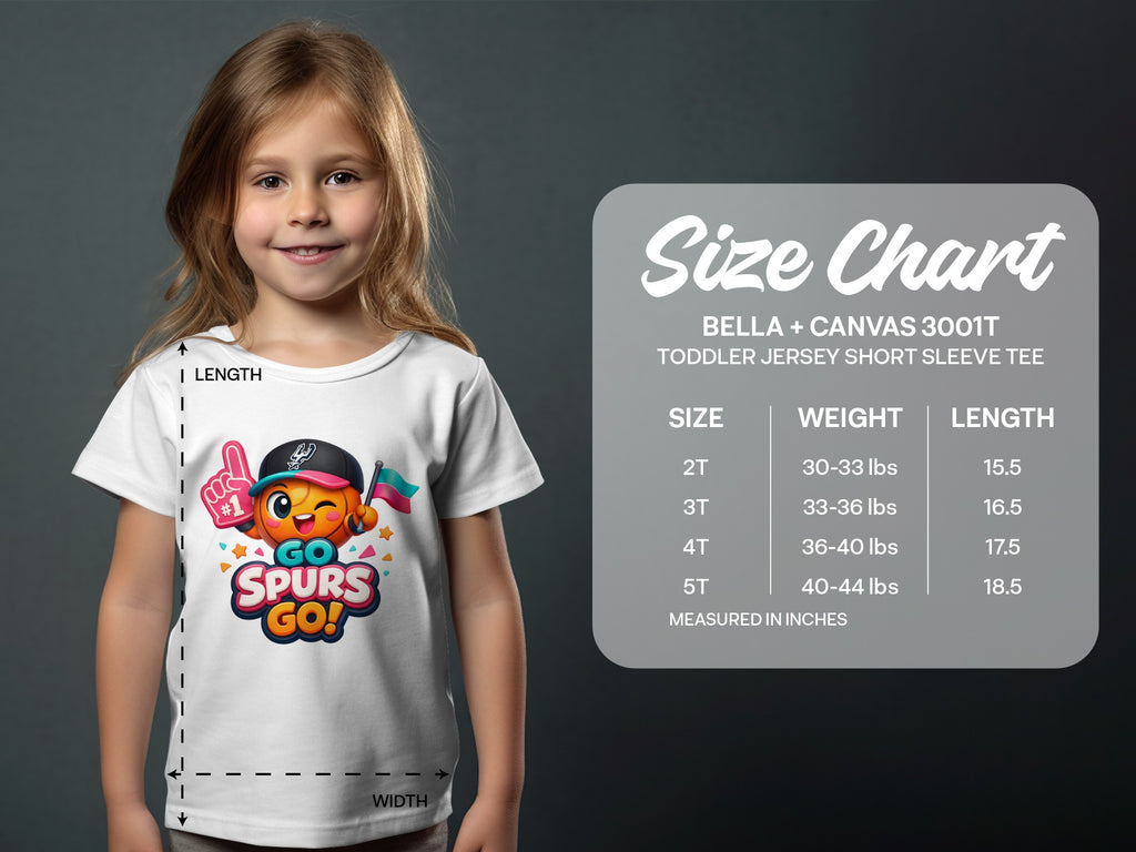 Toddler t-shirt on a girl with "GO SPURS GO!" graphic and size chart.