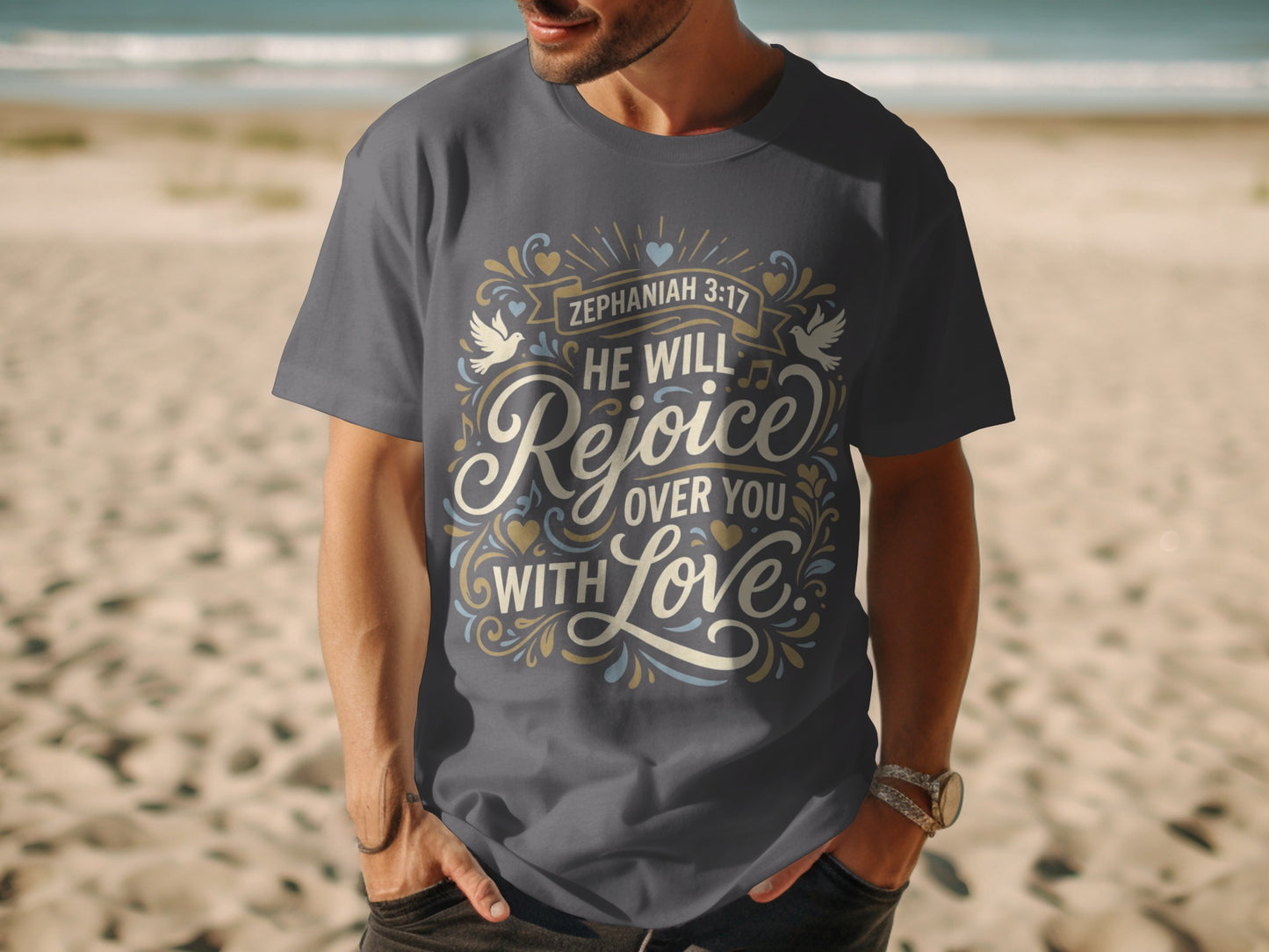 Dark gray t-shirt with Zephaniah 3:17 text and ornate design.