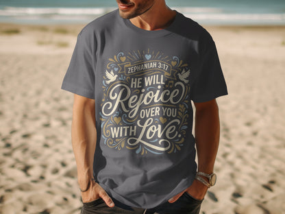 Dark gray t-shirt with Zephaniah 3:17 text and ornate design.
