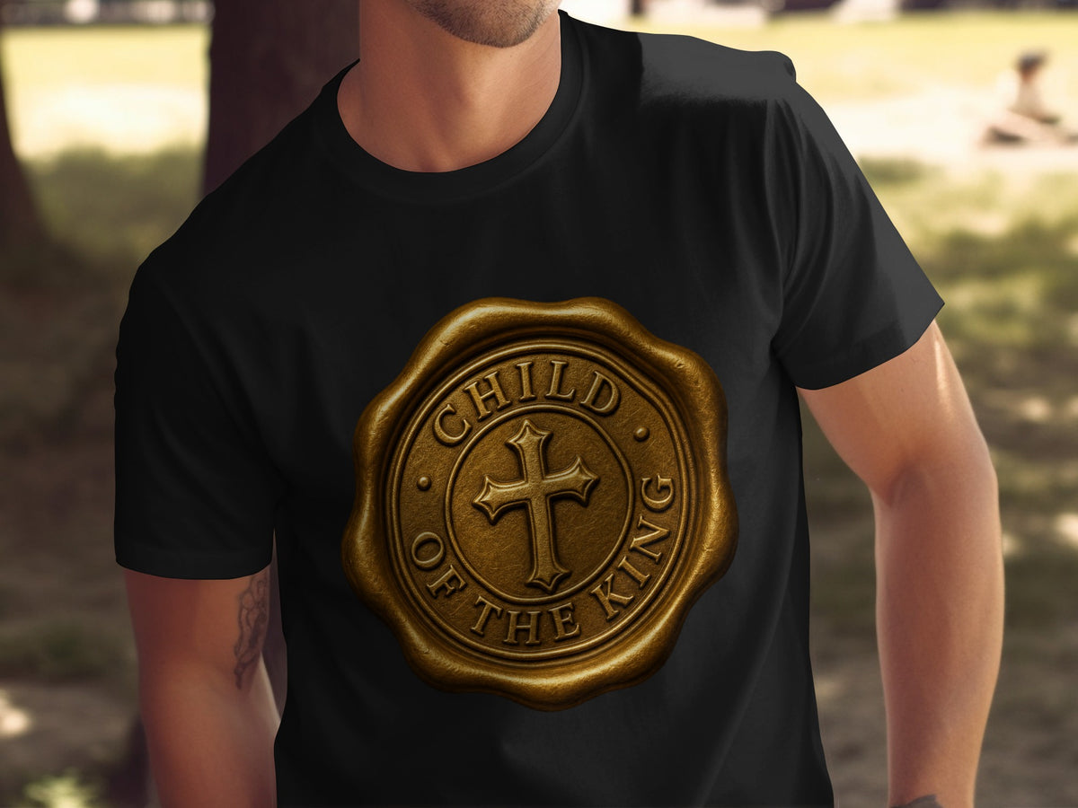 Black t-shirt with a golden wax seal graphic that says "Child of the King".