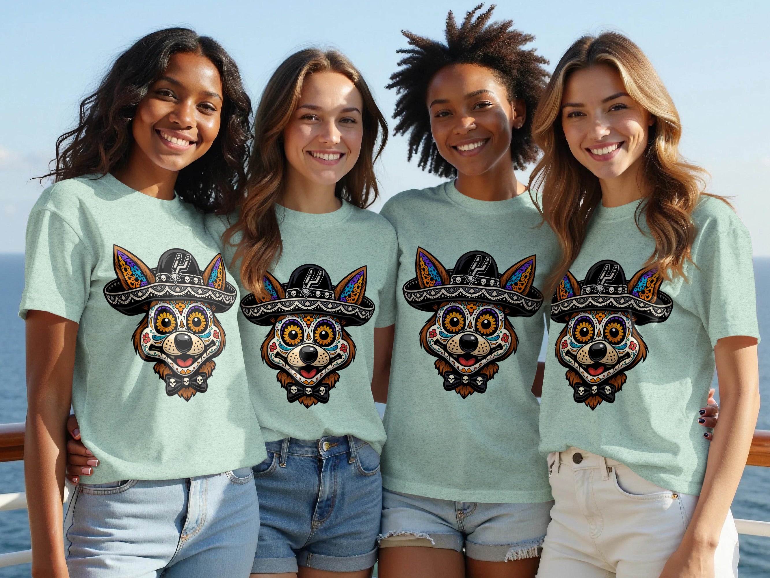 Four women wear light green t-shirts featuring sugar skull dog designs.