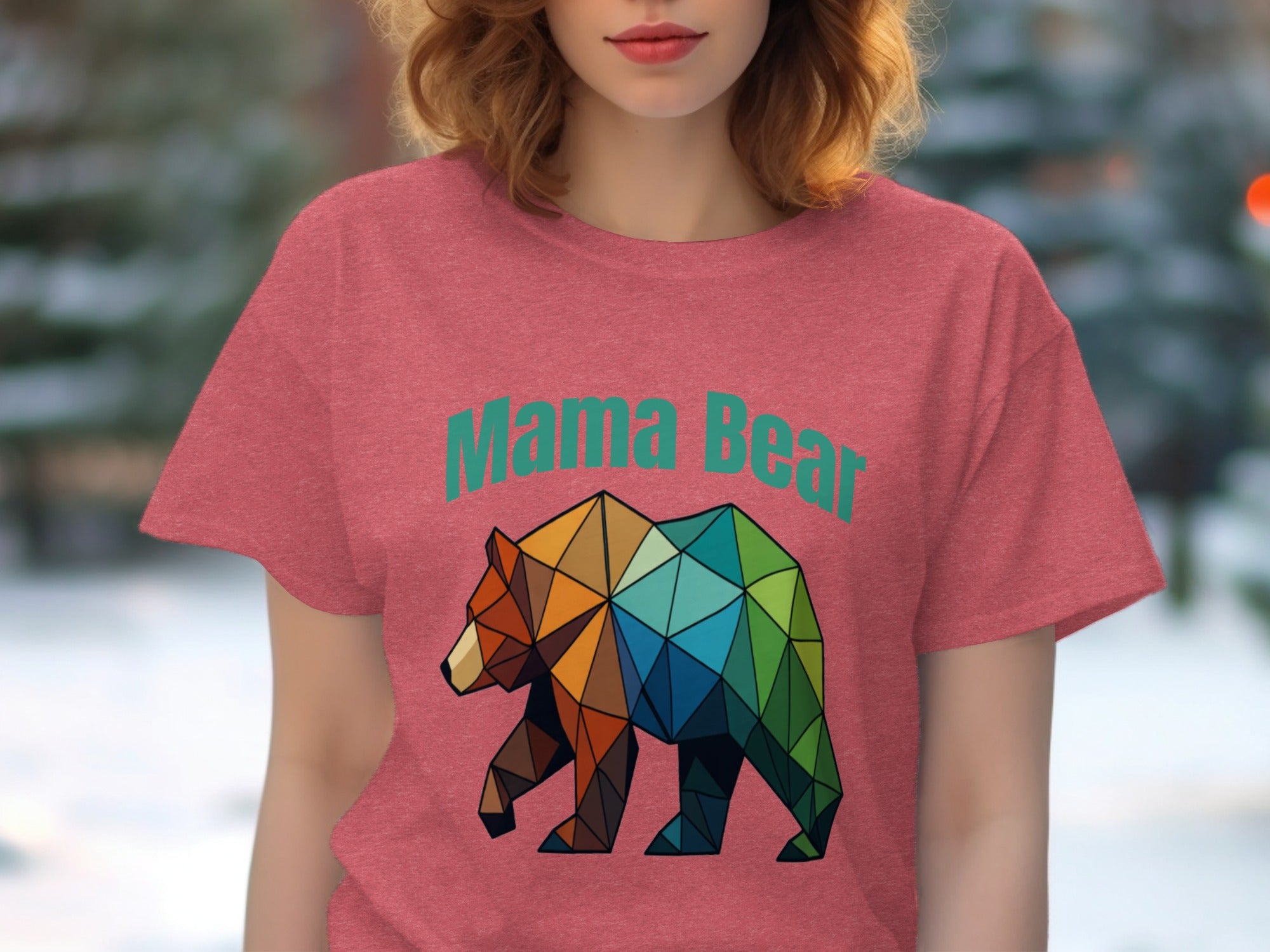 Pink t-shirt with "Mama Bear" text and a faceted geometric bear graphic.