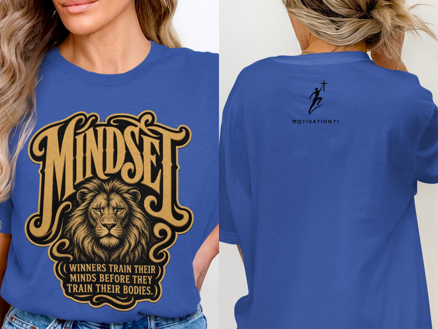 Royal blue t-shirt with a lion graphic and "MINDSET" text on front, and a running figure with cross on back.