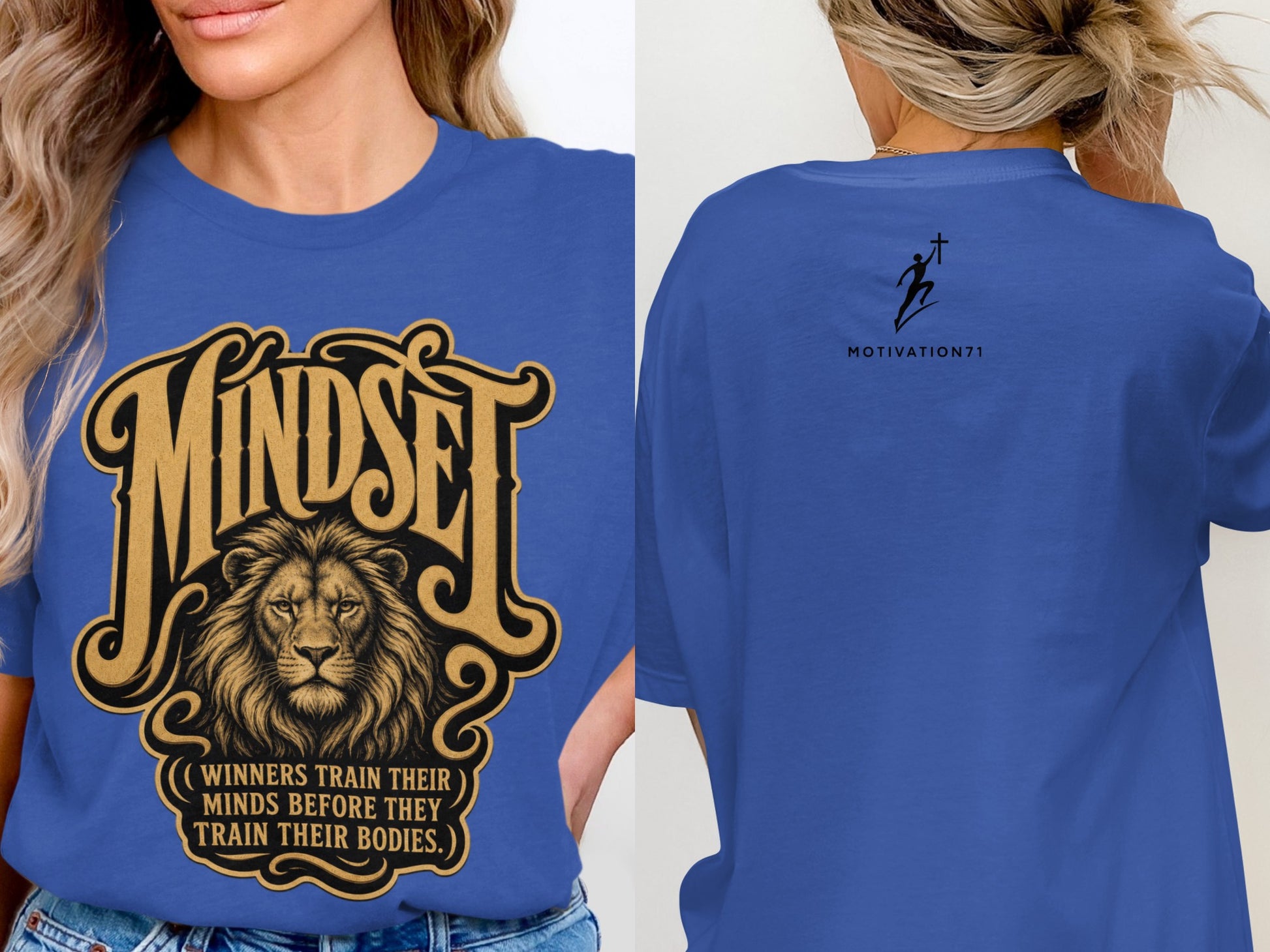 Royal blue t-shirt with a lion graphic and "MINDSET" text on front, and a running figure with cross on back.
