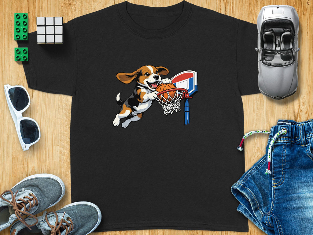 Black t-shirt with beagle dog playing basketball with a hoop.