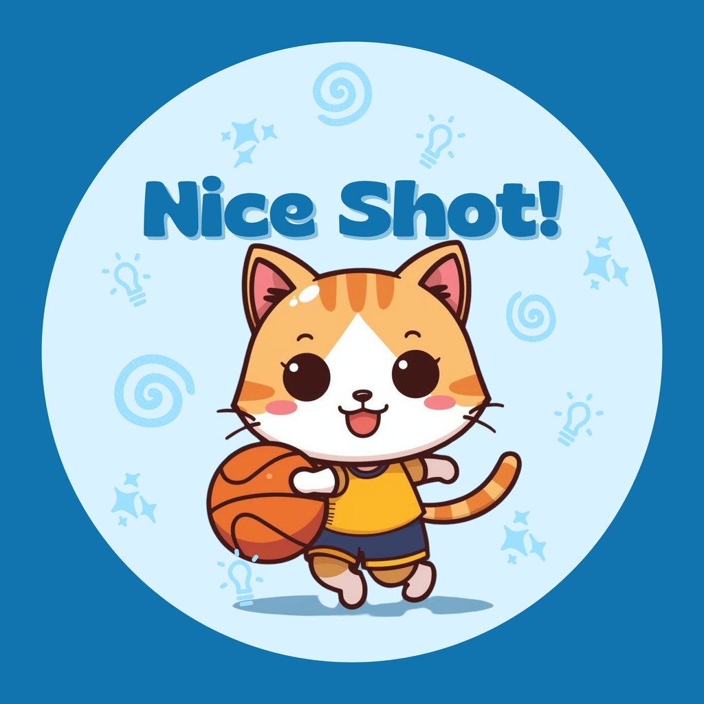Cartoon cat wearing a basketball uniform holding a basketball with text "Nice Shot!".