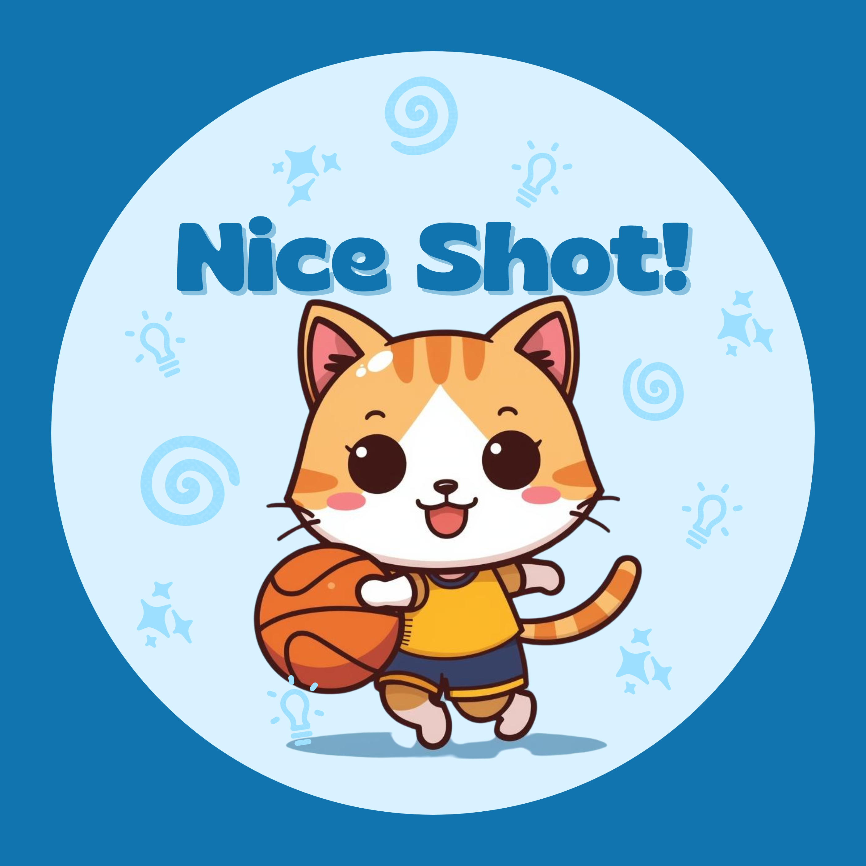 Cartoon cat wearing a basketball uniform holding a basketball with text "Nice Shot!".