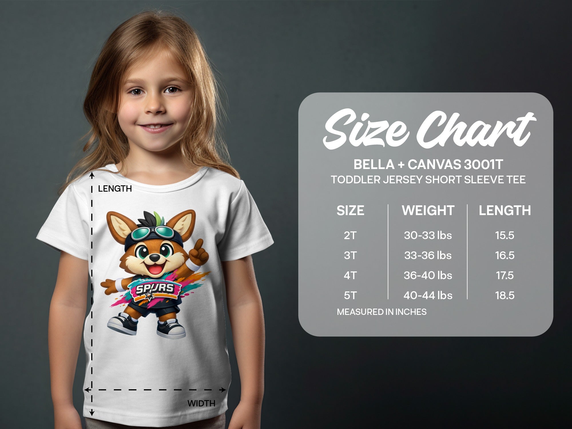 Toddler t-shirt featuring a cartoon fox mascot and size chart with weight and length measurements.