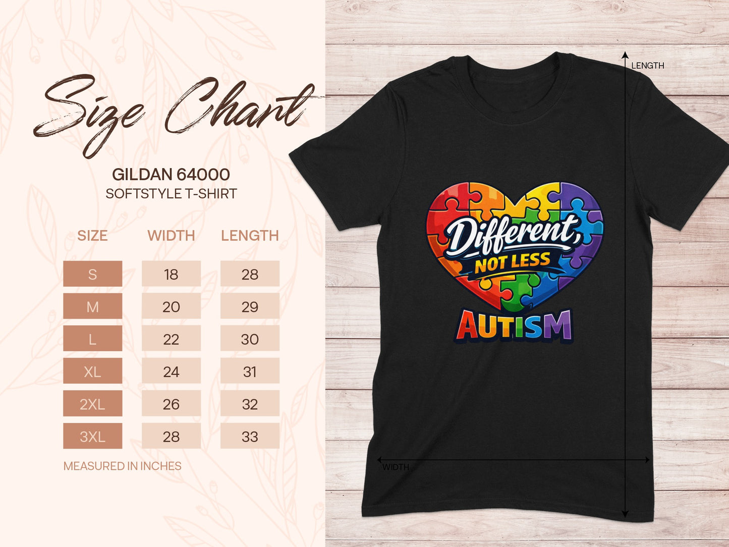 Gildan 64000 Softstyle t-shirt size chart with autism puzzle heart graphic.
