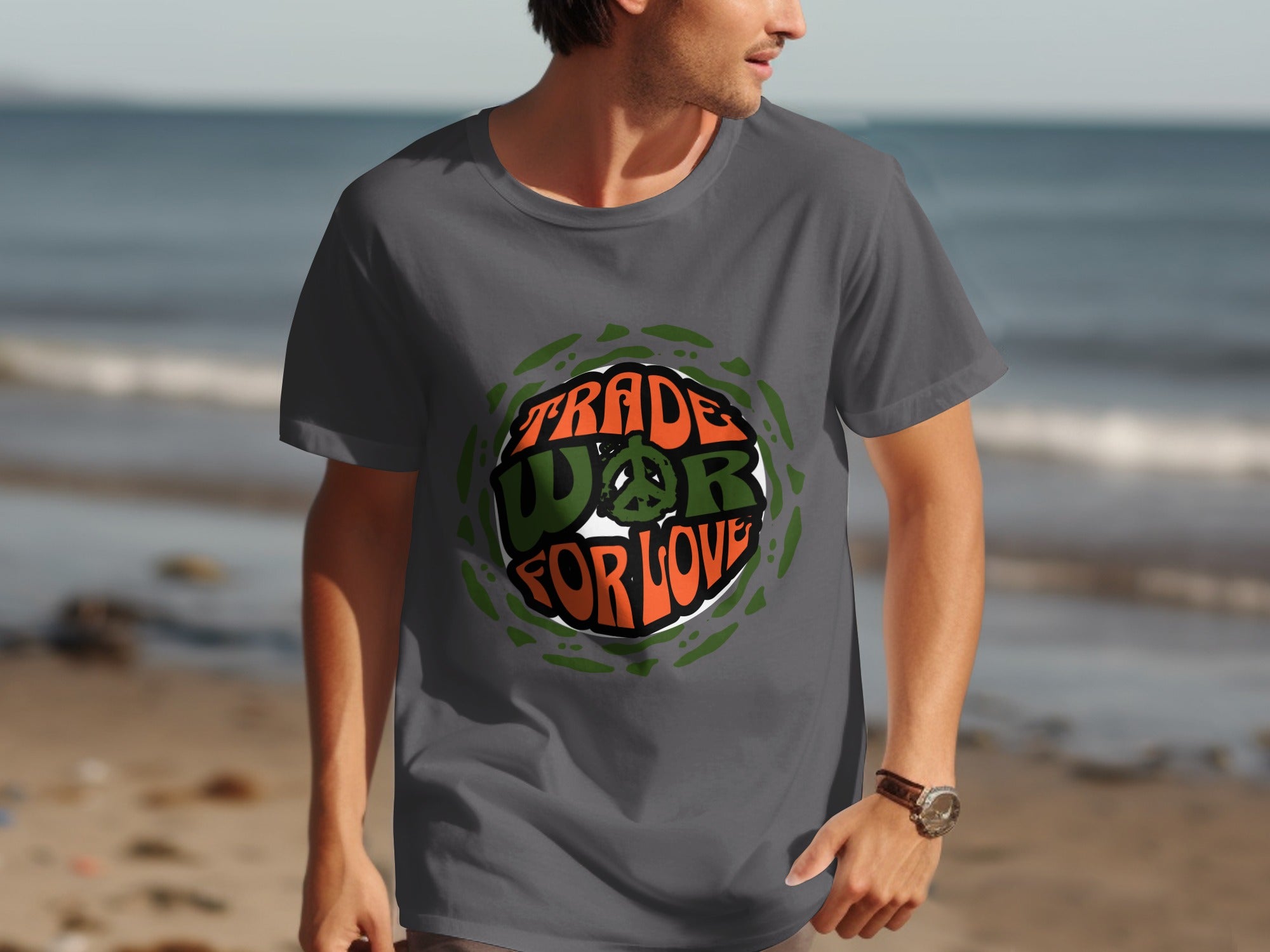 Gray t-shirt with "Trade War for Love" text and peace symbol graphic.