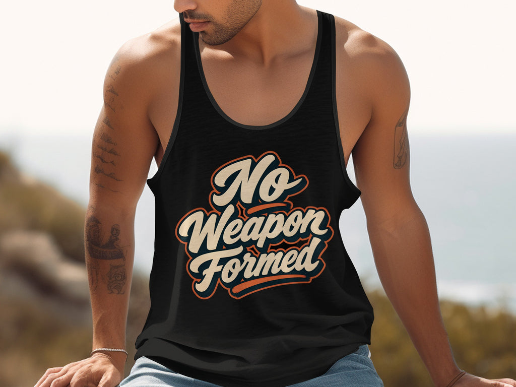 Black tank top with "No Weapon Formed" text in vintage lettering.