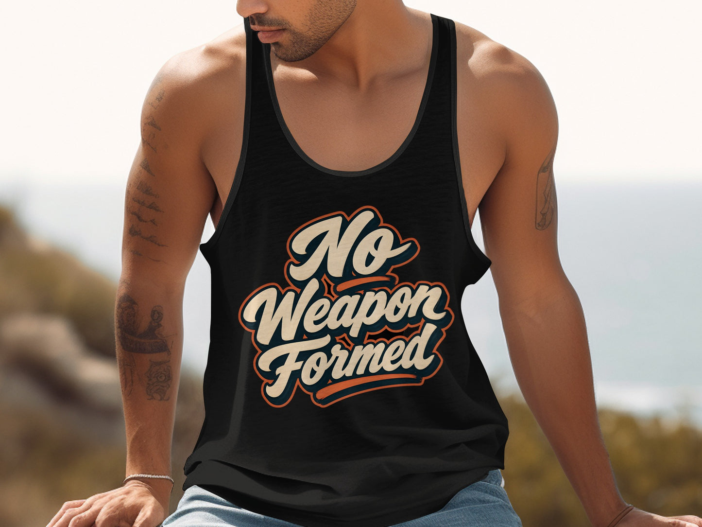 Black tank top with "No Weapon Formed" text in vintage lettering.