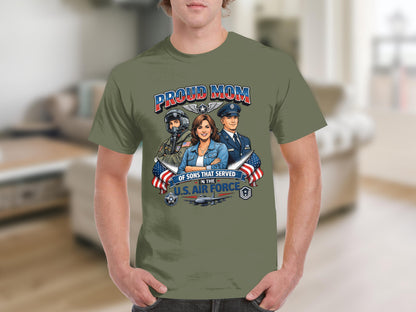 Proud mom of sons who served in the U.S. Air Force graphic on olive shirt.