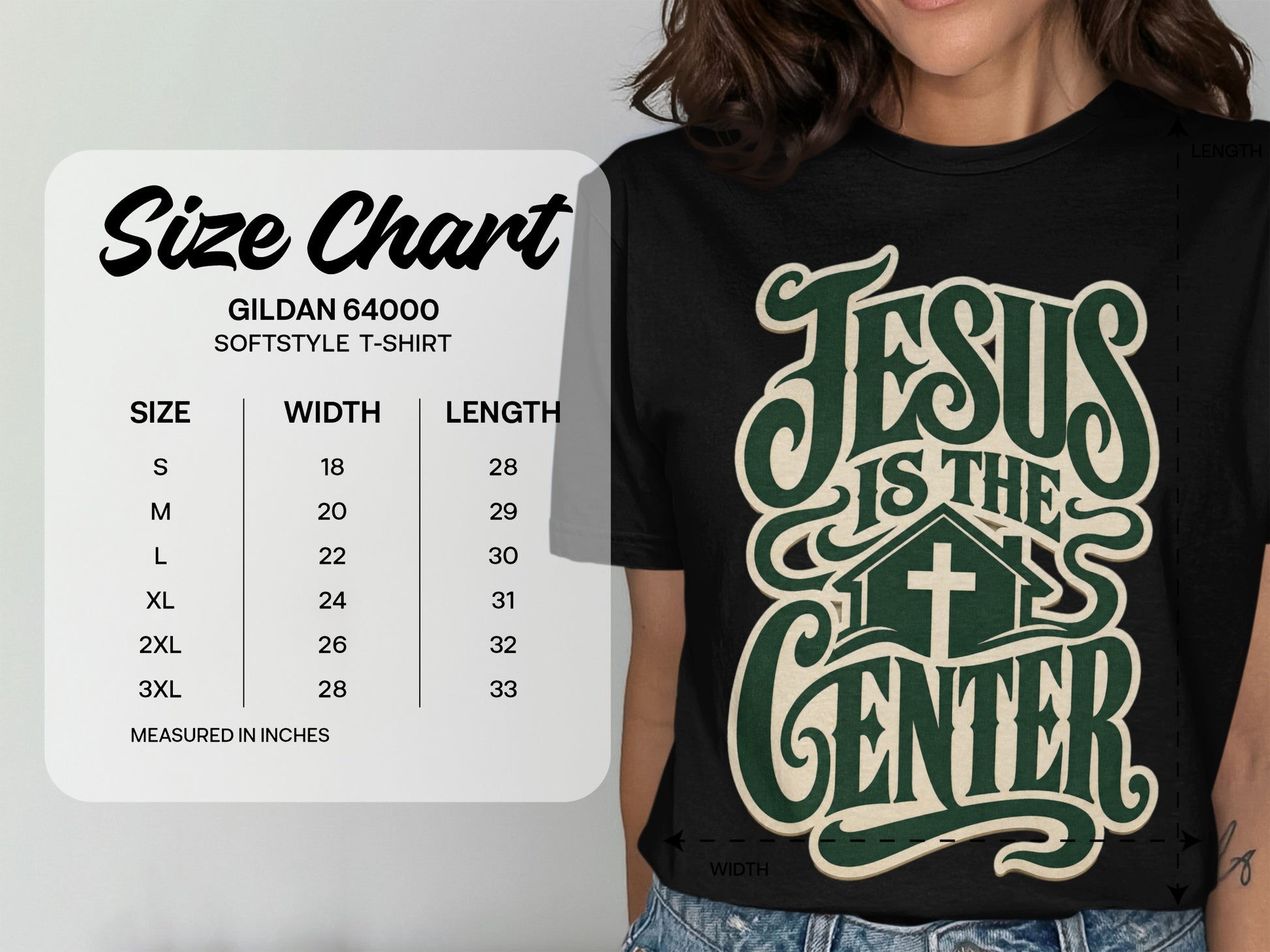 Gildan 64000 Softstyle t-shirt size chart with width and length measurements.
