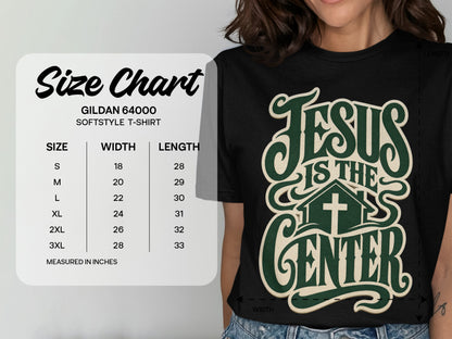Gildan 64000 Softstyle t-shirt size chart with width and length measurements.
