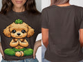 Brown t-shirt with a cartoon dog in yoga pose and a succulent on its head.