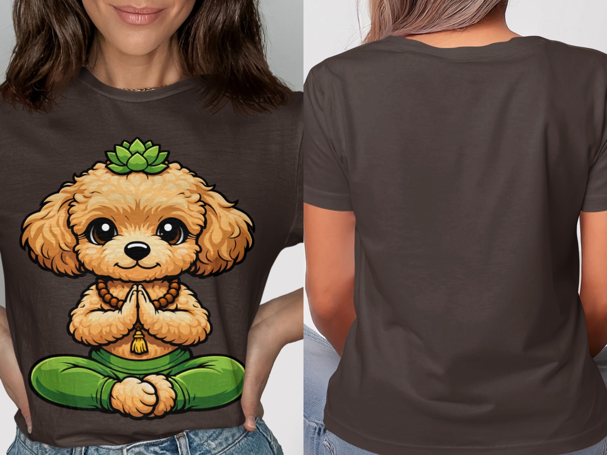 Brown t-shirt with a cartoon dog in yoga pose and a succulent on its head.