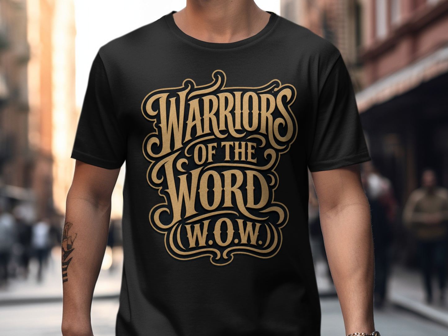 Black t-shirt with gold text: "Warriors of the Word (W.O.W.)"