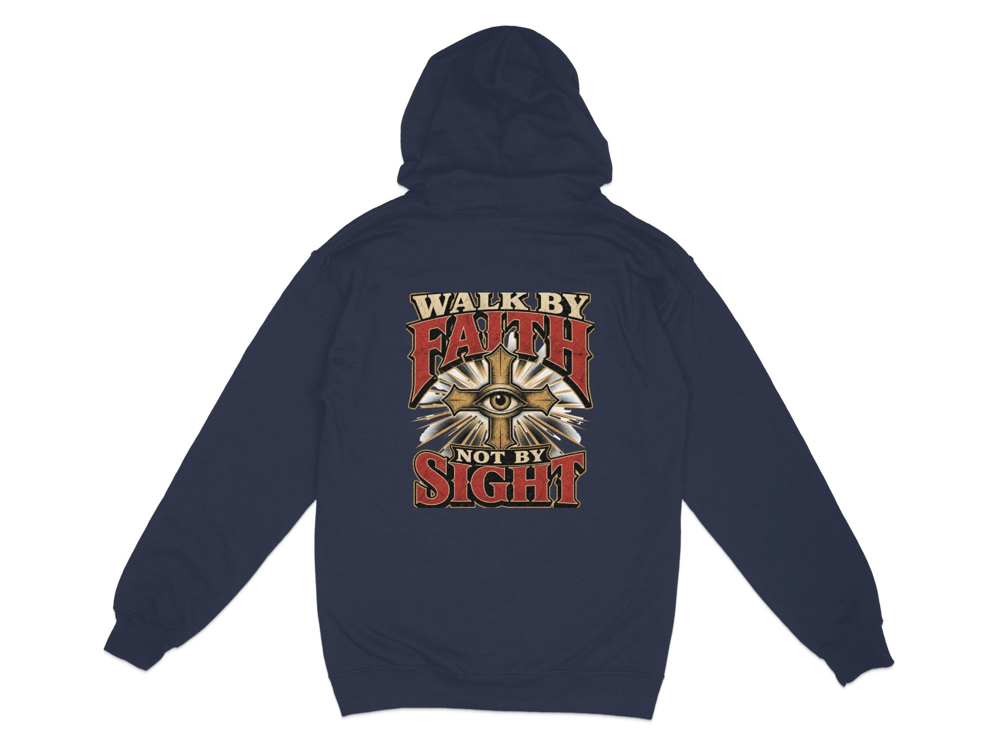 Navy blue hoodie with "Walk By Faith Not By Sight" text and an eye within a cross design.