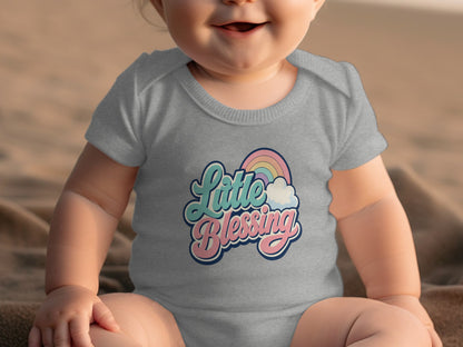 Grey baby onesie with "Little Blessing" text and rainbow graphic.