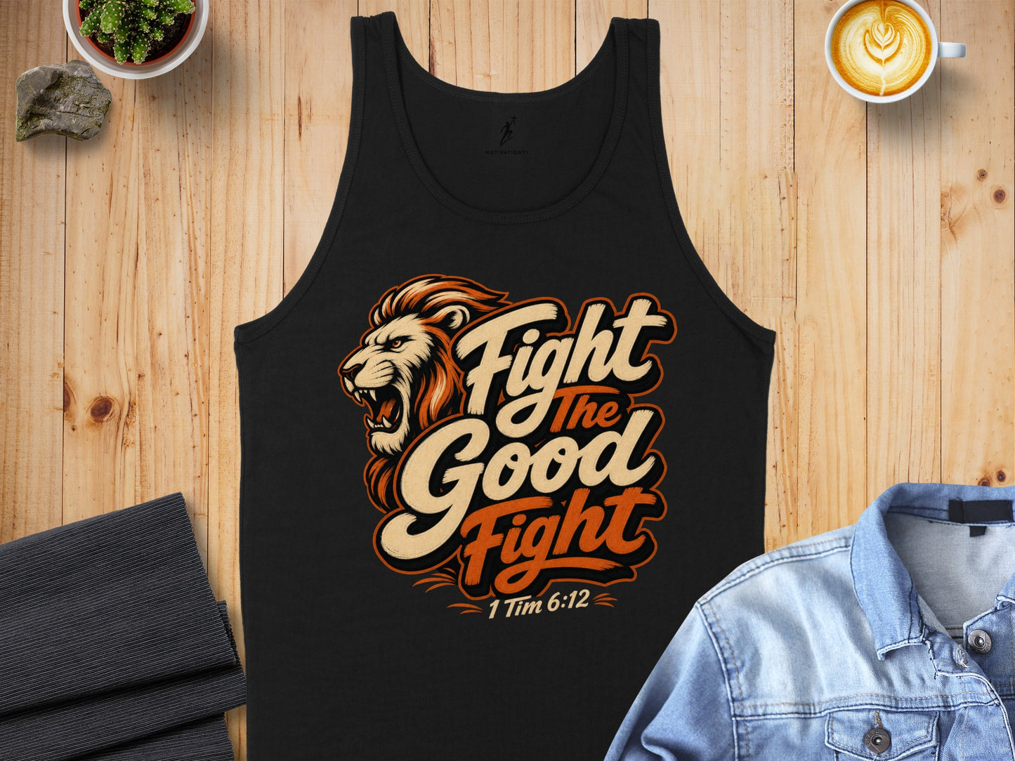 Black tank top with lion graphic and "Fight the Good Fight 1 Tim 6:12".
