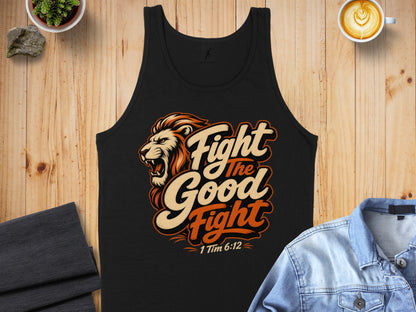 Black tank top with lion graphic and "Fight the Good Fight 1 Tim 6:12".