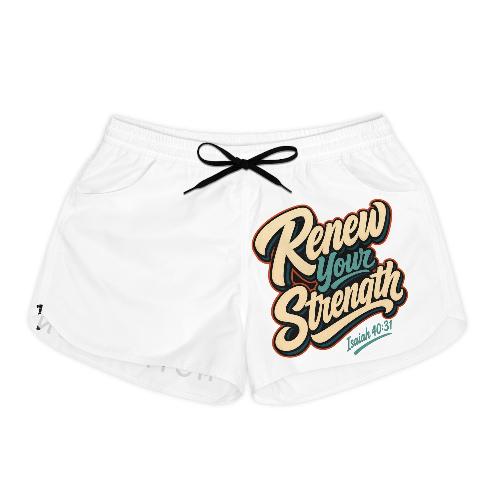 White shorts with "Renew Your Strength Isaiah 40:31" graphic and black drawstring.