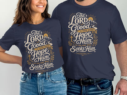 Dark blue t-shirts with text "The Lord is good to those whose hope is in Him" and "Lamentations 3:25".