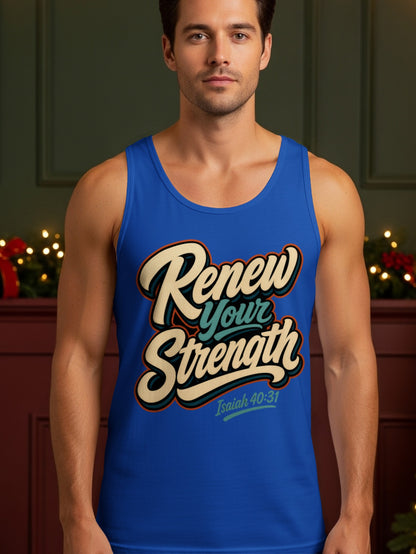 Blue tank top with "Renew Your Strength Isaiah 40:31" text in retro lettering.