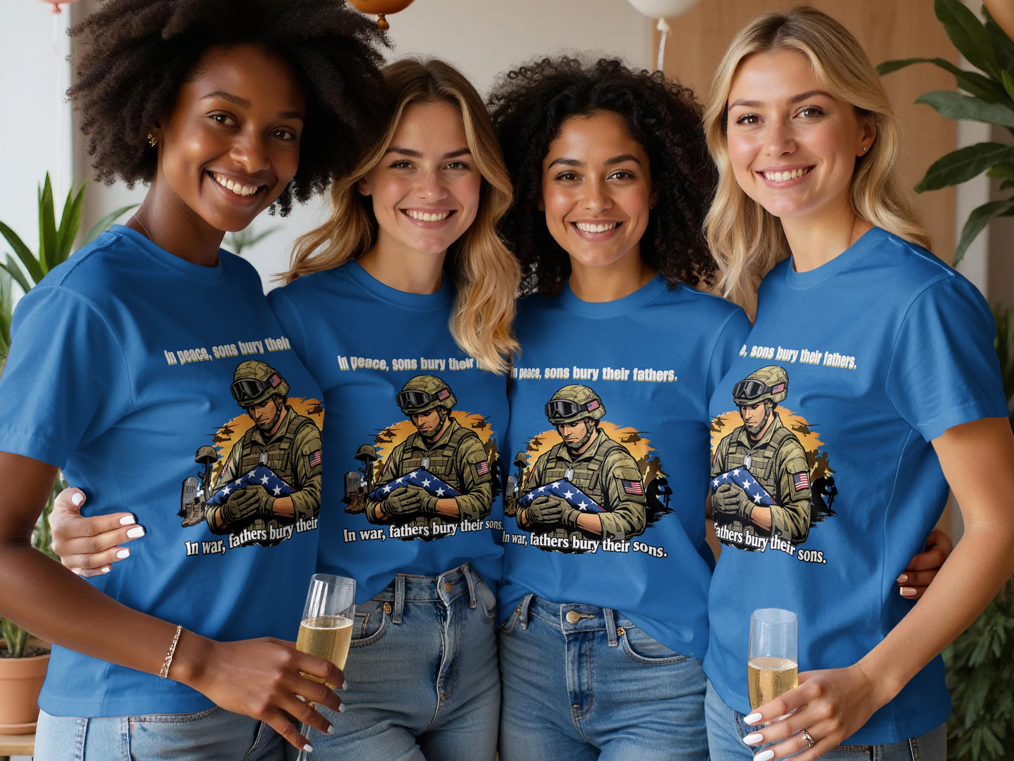 Four women in blue t-shirts with patriotic soldier graphic and text.