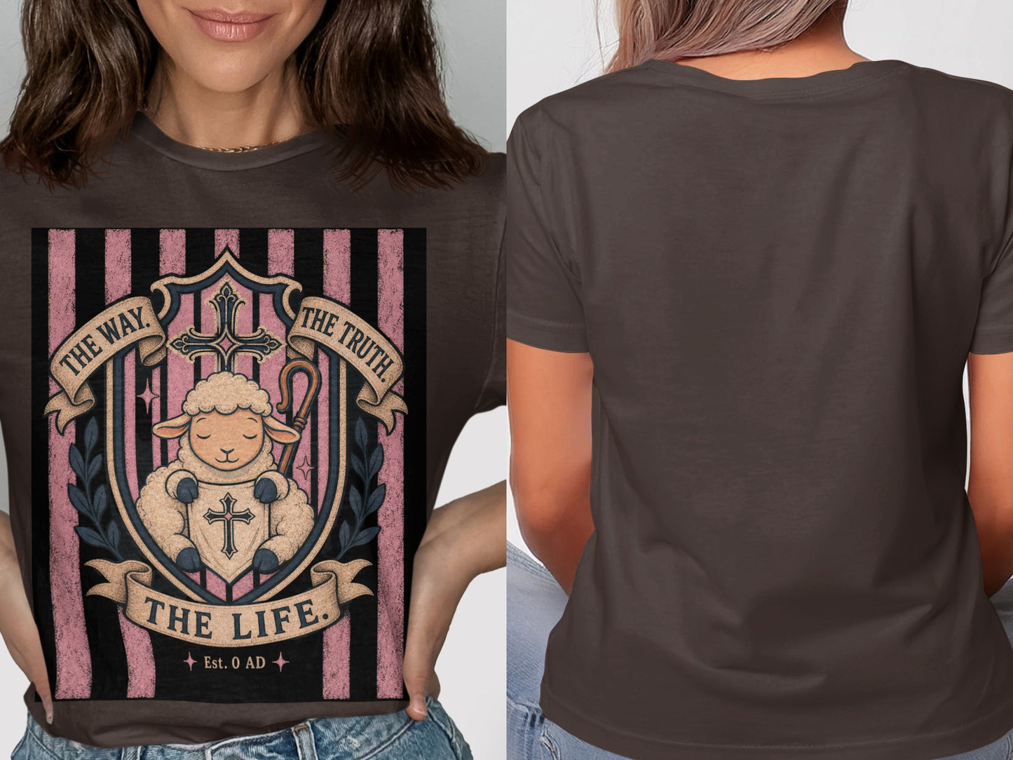 T-shirt with a graphic of a lamb, cross, and banners reading "The Way, The Truth, The Life."