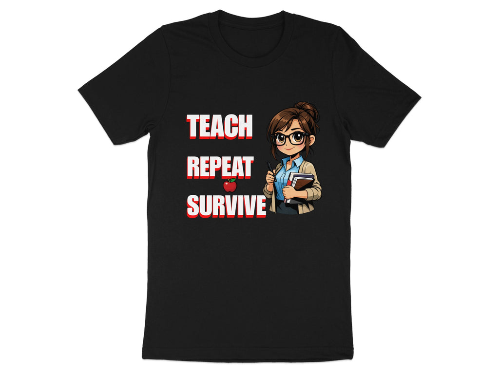 Black t-shirt with "Teach Repeat Survive" text and cartoon teacher graphic.
