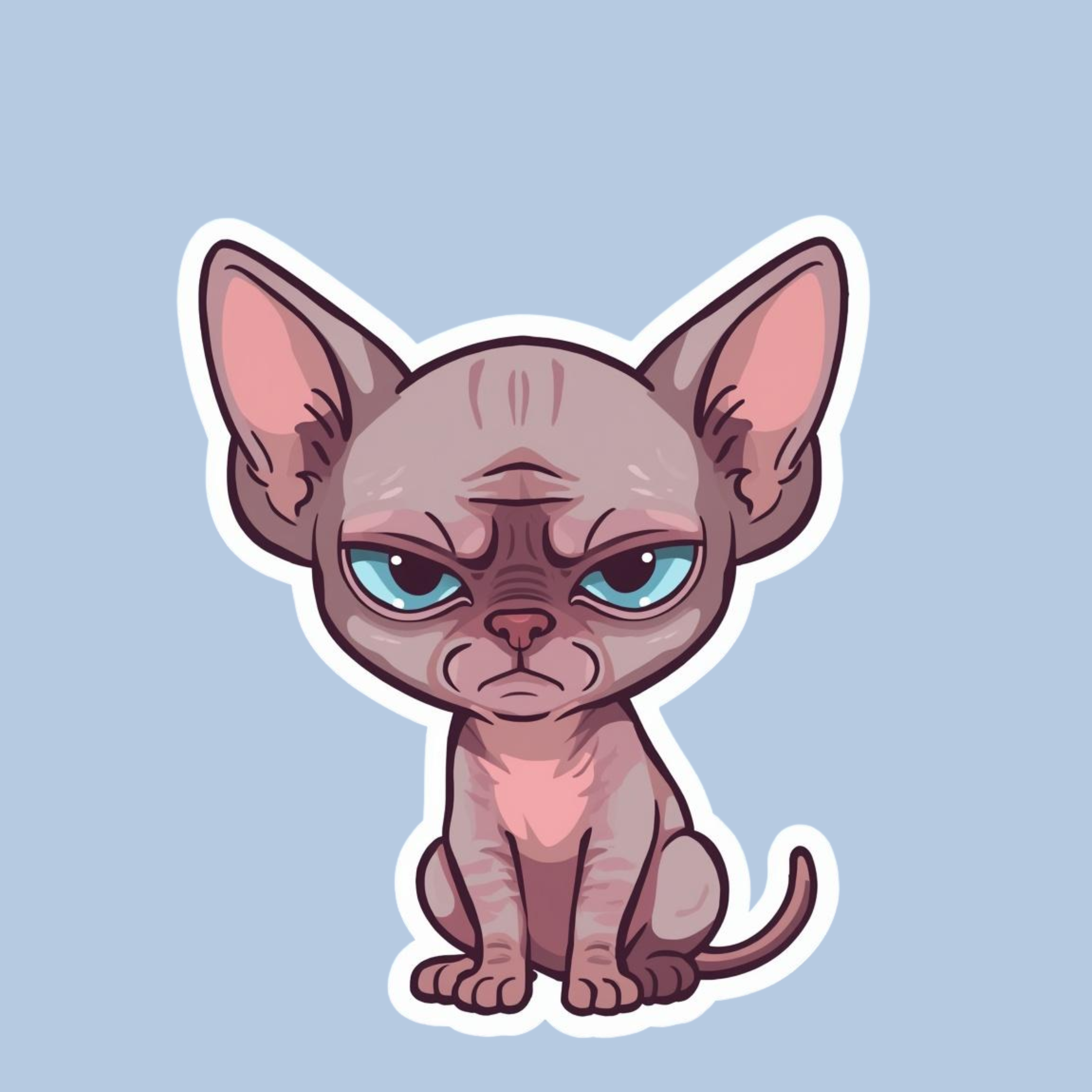 Grumpy cartoon Sphynx cat with blue eyes sitting on a light blue background.