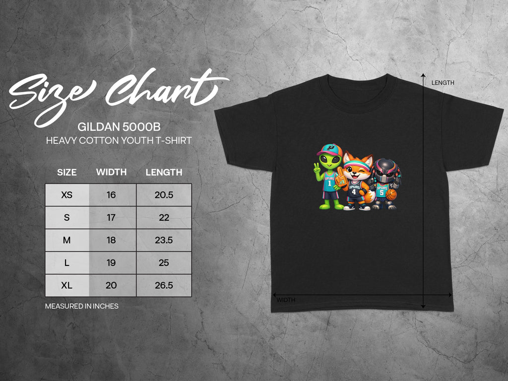 Gildan 5000B youth t-shirt size chart with cartoon characters and measurements.