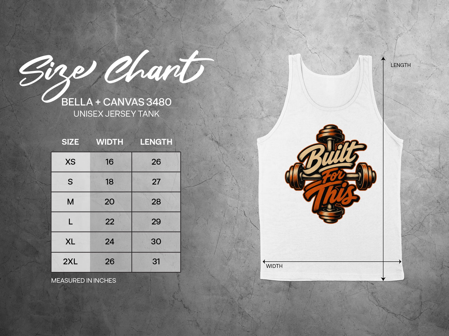 Bella+Canvas 3480 tank size chart with width and length measurements in inches.