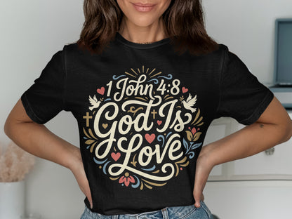 Black t-shirt with circular design "1 John 4:8 God Is Love" and doves.