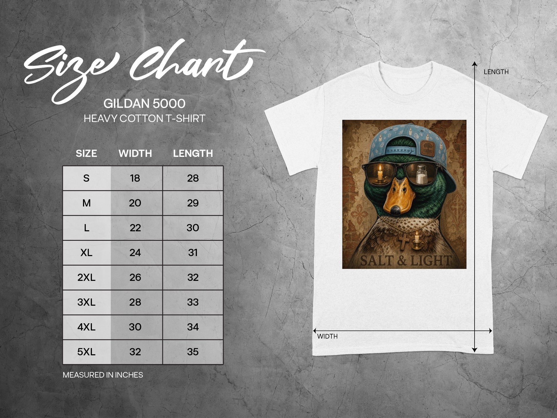 Gildan 5000 Heavy Cotton t-shirt size chart with graphic of duck wearing cap and sunglasses.