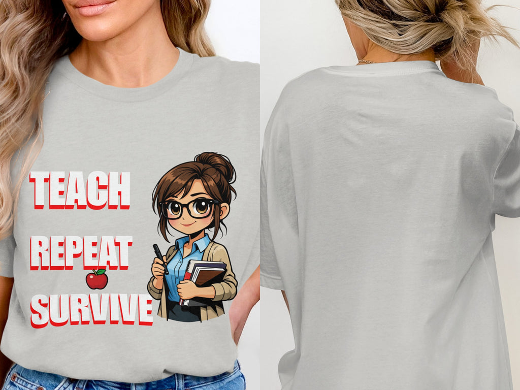 Light gray t-shirt with "Teach Repeat Survive" and a teacher graphic.