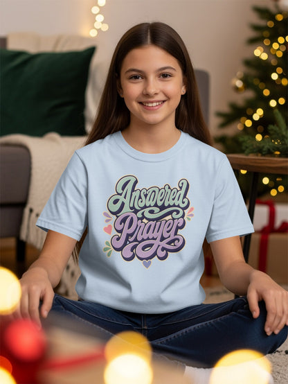 Light blue t-shirt with "Answered Prayer" text and decorative hearts.
