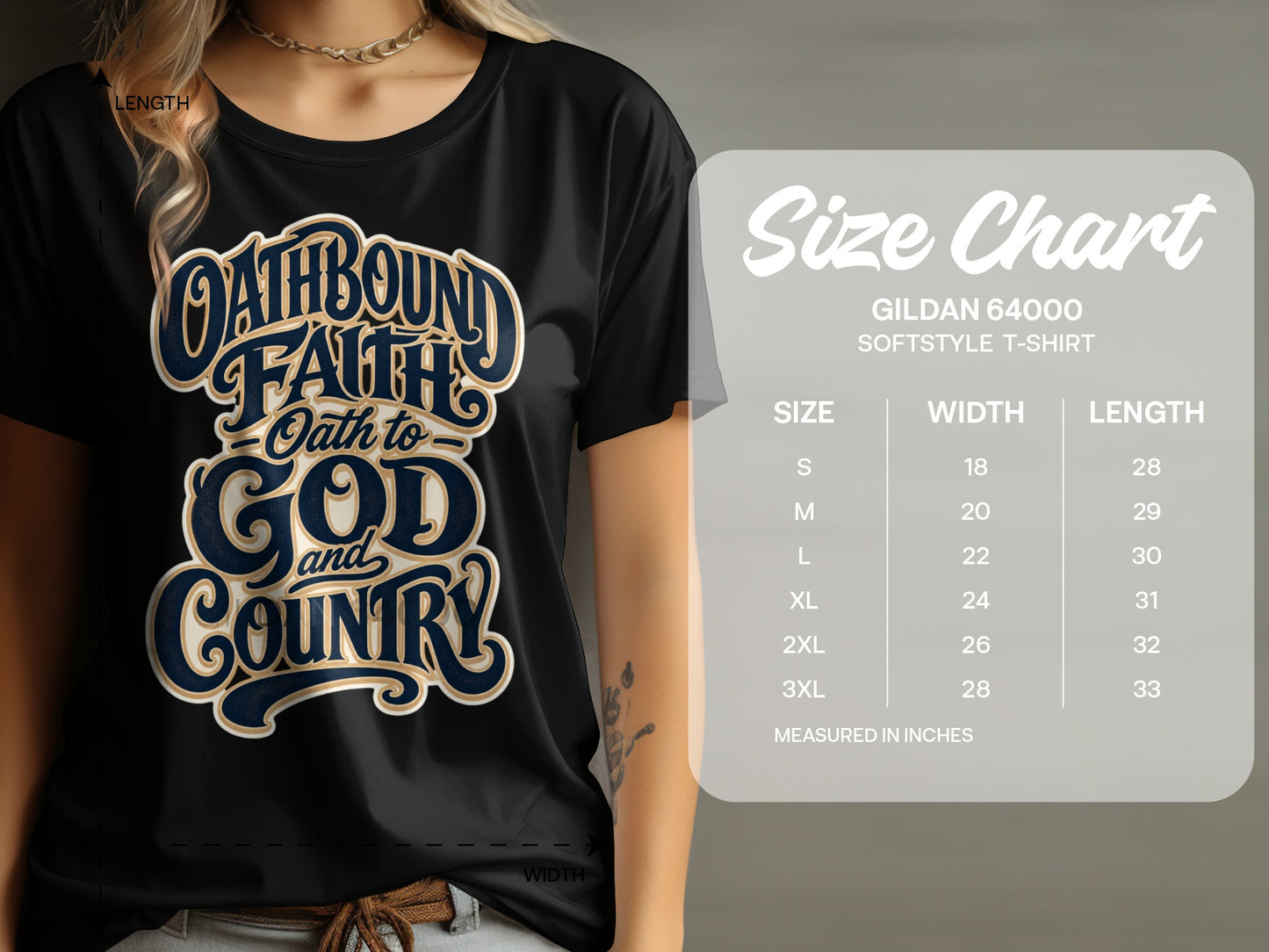 Black t-shirt with "Oathbound Faith, Oath to God and Country" text and Gildan size chart.