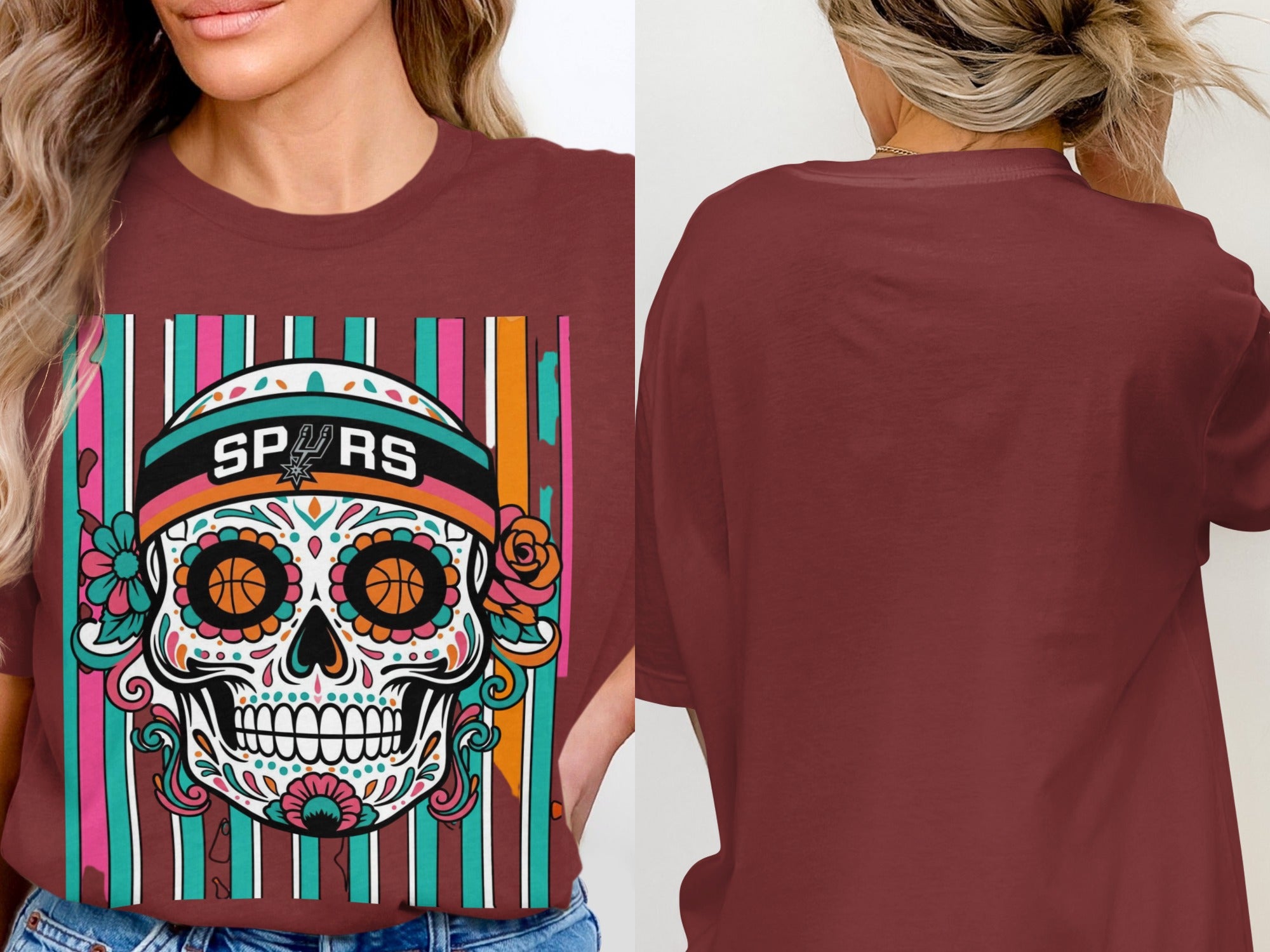 Maroon t-shirt with a Dia de los Muertos skull graphic and "SPURS" text.