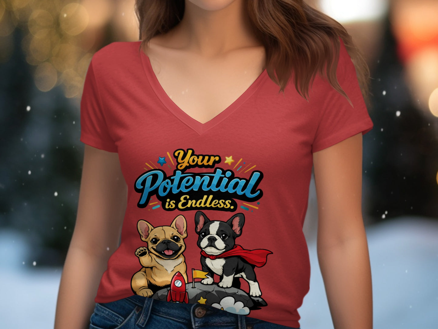 Red t-shirt with graphic of two French bulldogs, one with a cape, and text "Your Potential is Endless".