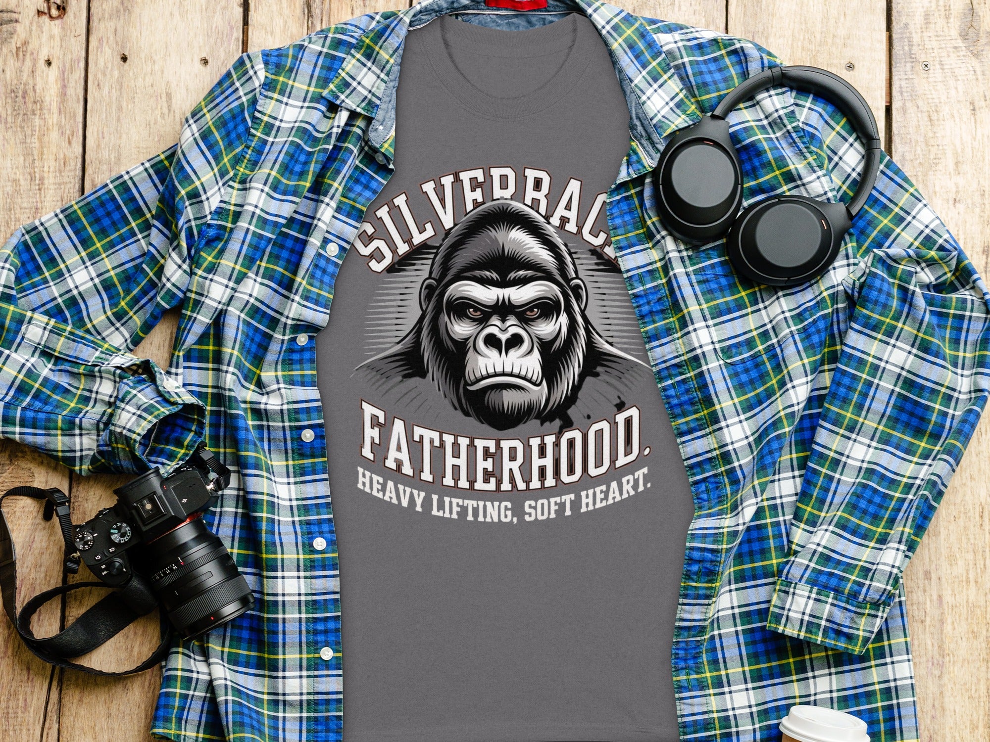 Gray t-shirt with gorilla graphic and text: Silverback Fatherhood, Heavy Lifting, Soft Heart.