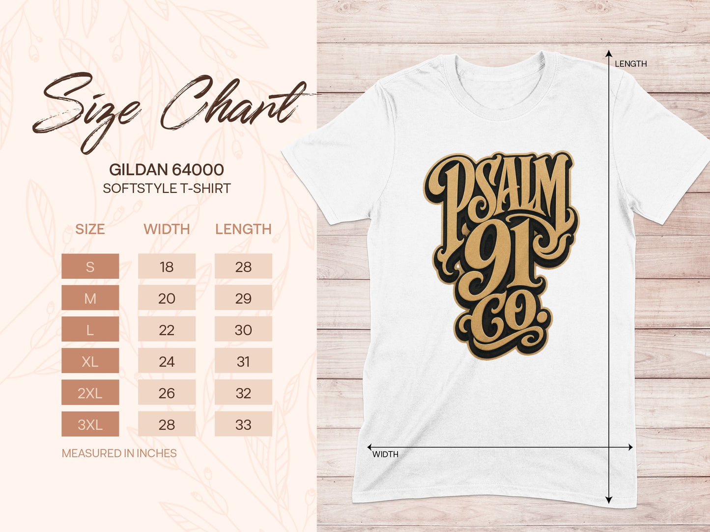 Gildan 64000 size chart for softstyle t-shirts, measured in inches.