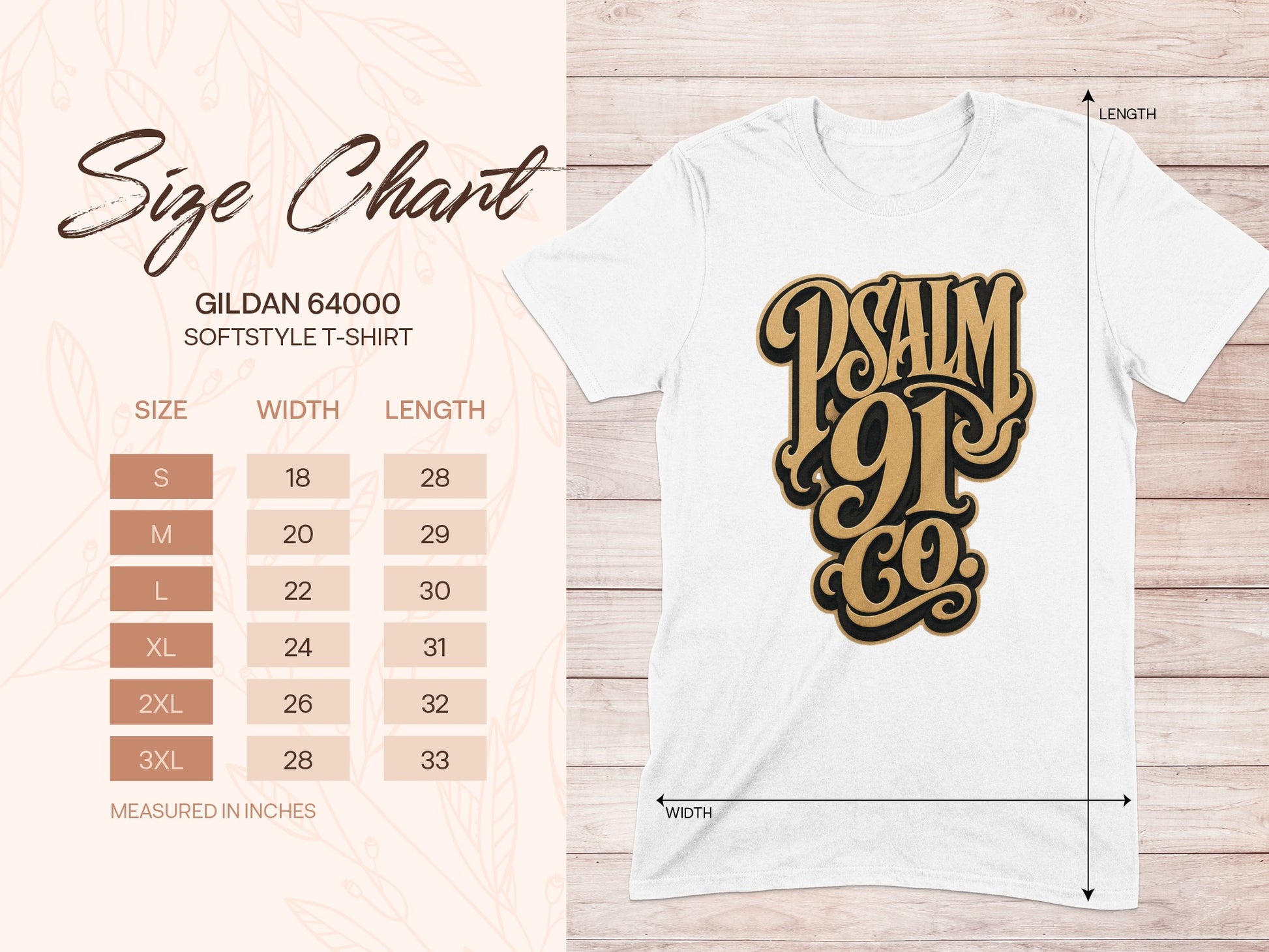Gildan 64000 size chart for softstyle t-shirts, measured in inches.