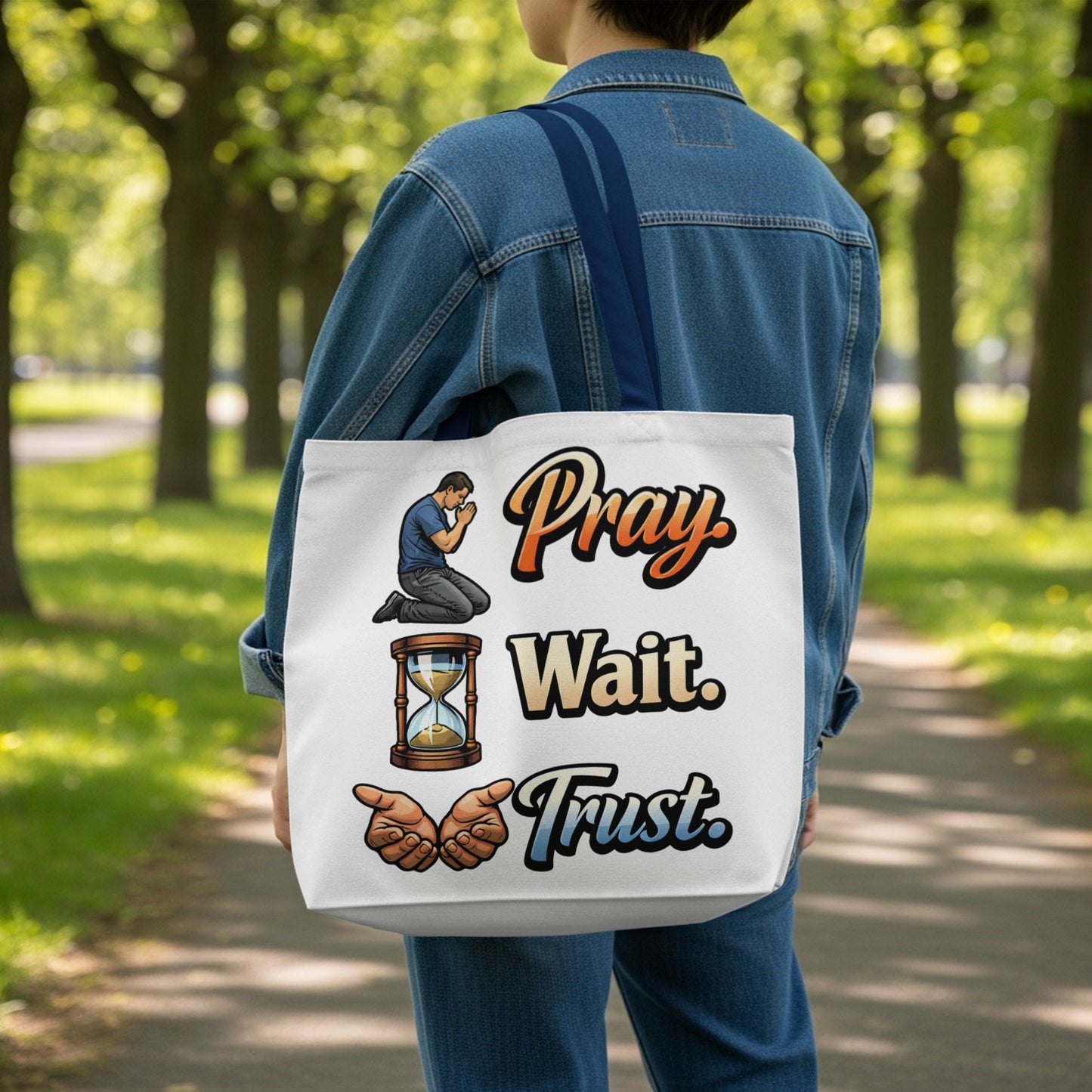 Tote bag with "Pray. Wait. Trust." text, hourglass, and praying hands illustration.