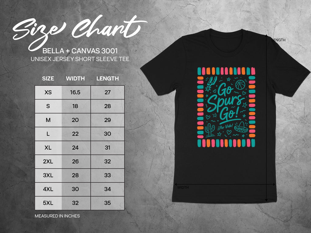 Bella + Canvas 3001 size chart for unisex jersey short sleeve tee including width and length.