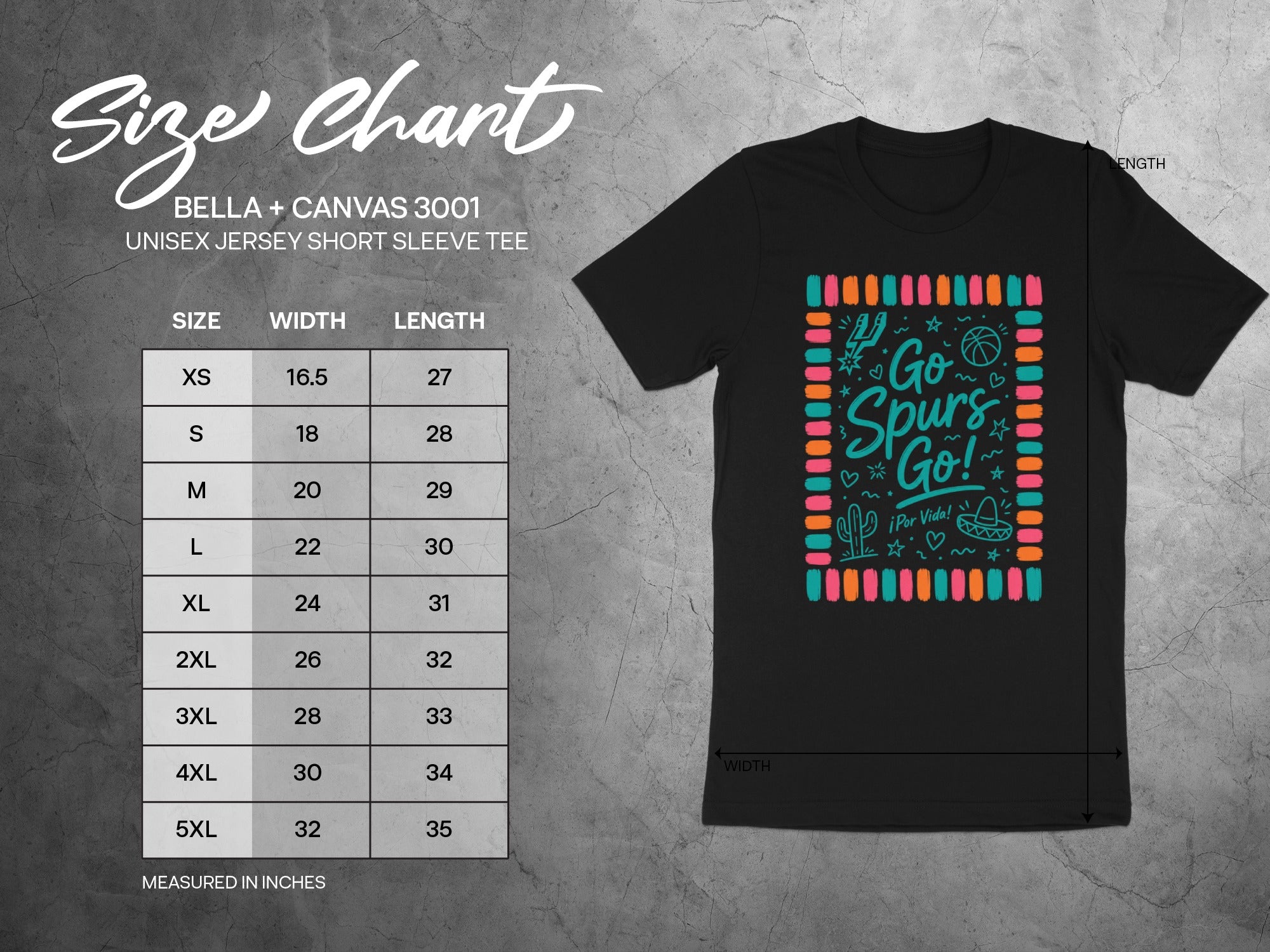 Bella + Canvas 3001 size chart for unisex jersey short sleeve tee including width and length.