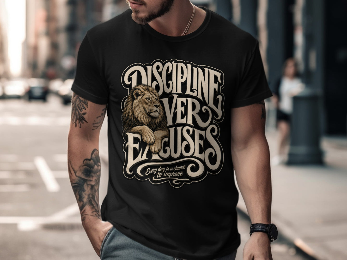 Black t-shirt with lion graphic and text "DISCIPLINE VERS EXCUSES".