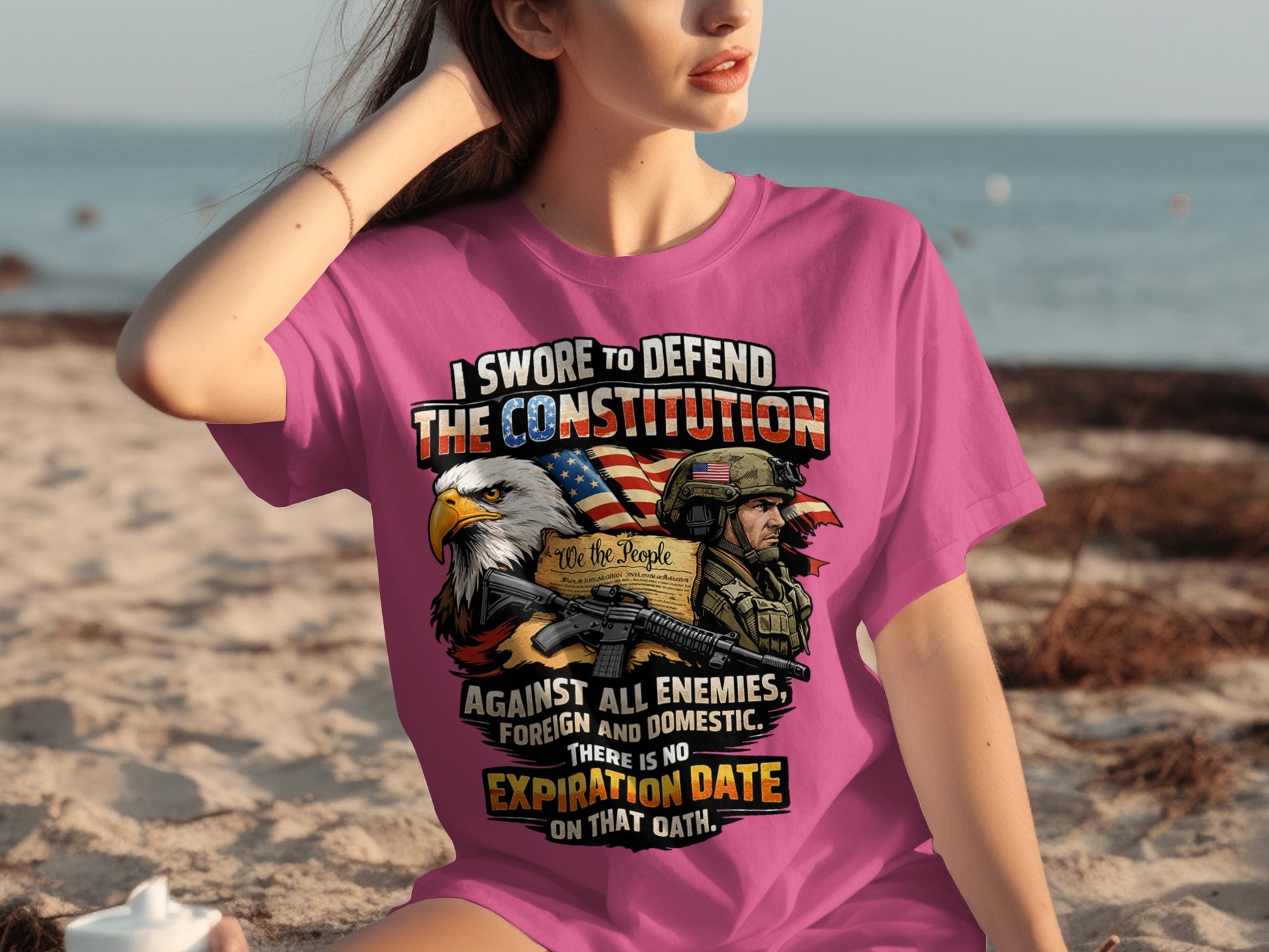 "I swore to defend the Constitution" text with eagle, soldier, and flag graphic.